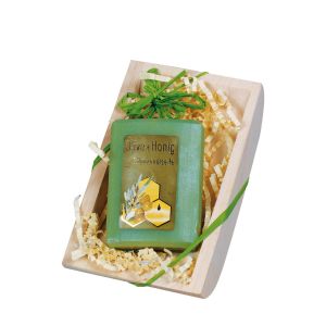 Holz-Seifenschale mit Honig-Olivenöl-Seife 100 g